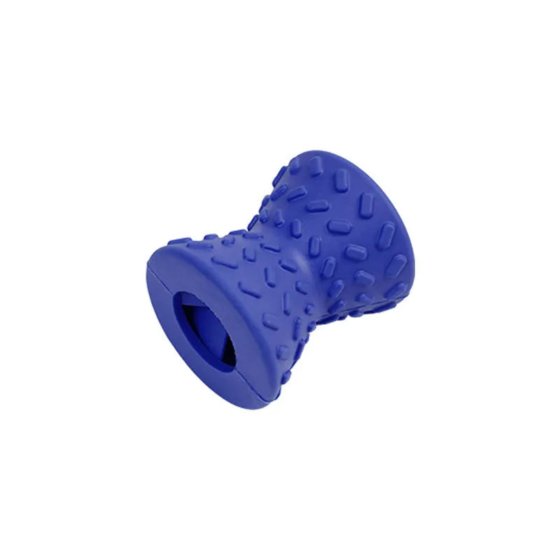 Blue natural rubber interactive treat dispensing dog toy for aggressive chewers with hollow centre.