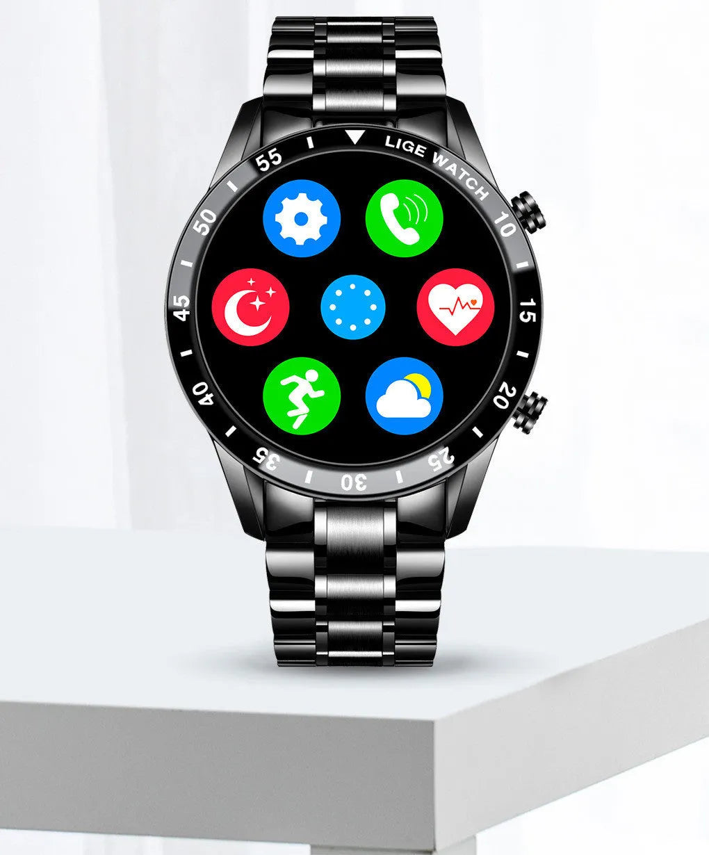 Smart watch with stainless steel band and 1.3 inch screen showing step counter interface