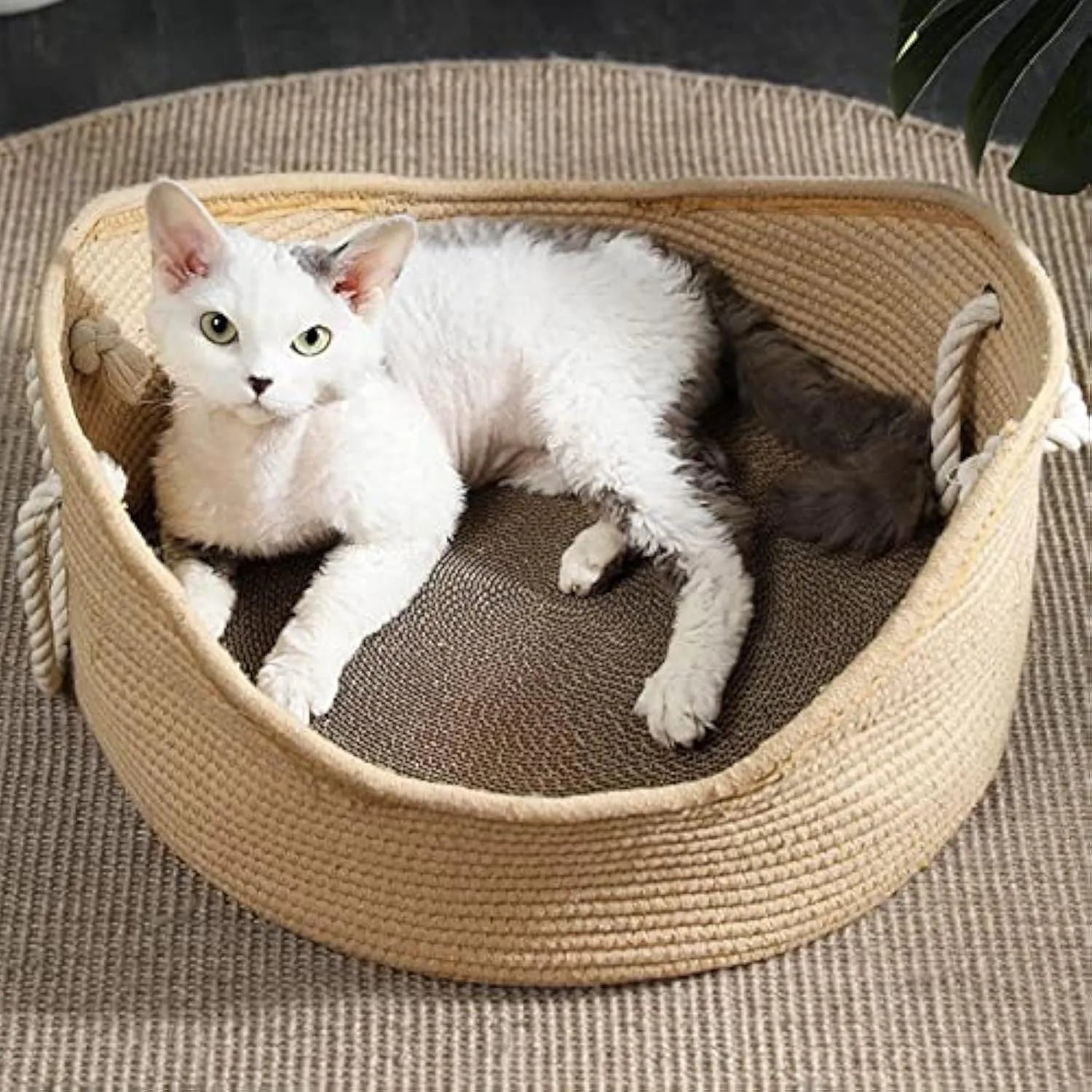 Wicker style cat bed basket with built-in corrugated scratching board in two size options