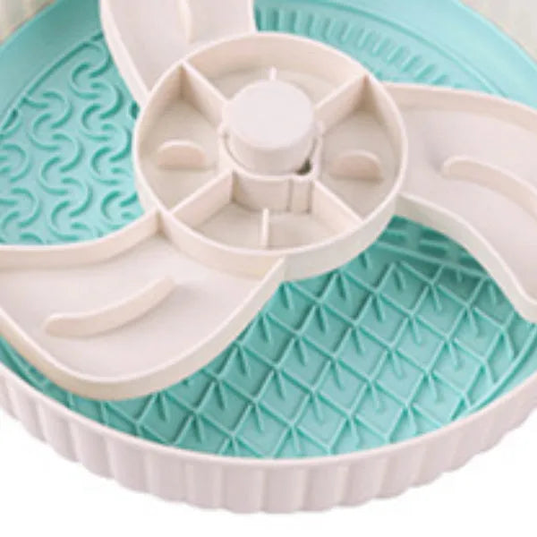 Interactive rotating slow feed pet bowl with silicone licking mat in blue windmill pattern