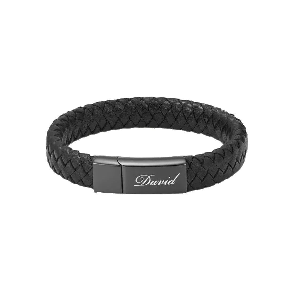 Black stainless steel memorial bracelet with a woven leather compartment for ashes and an engraved plate.