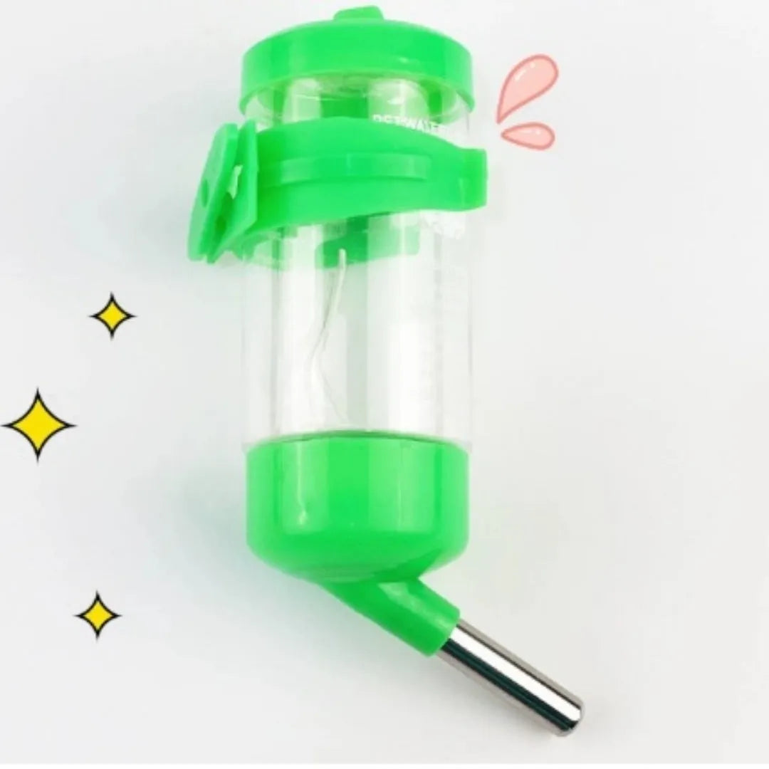 Green plastic ball kettle pet water feeder mounted on a small animal cage bars.