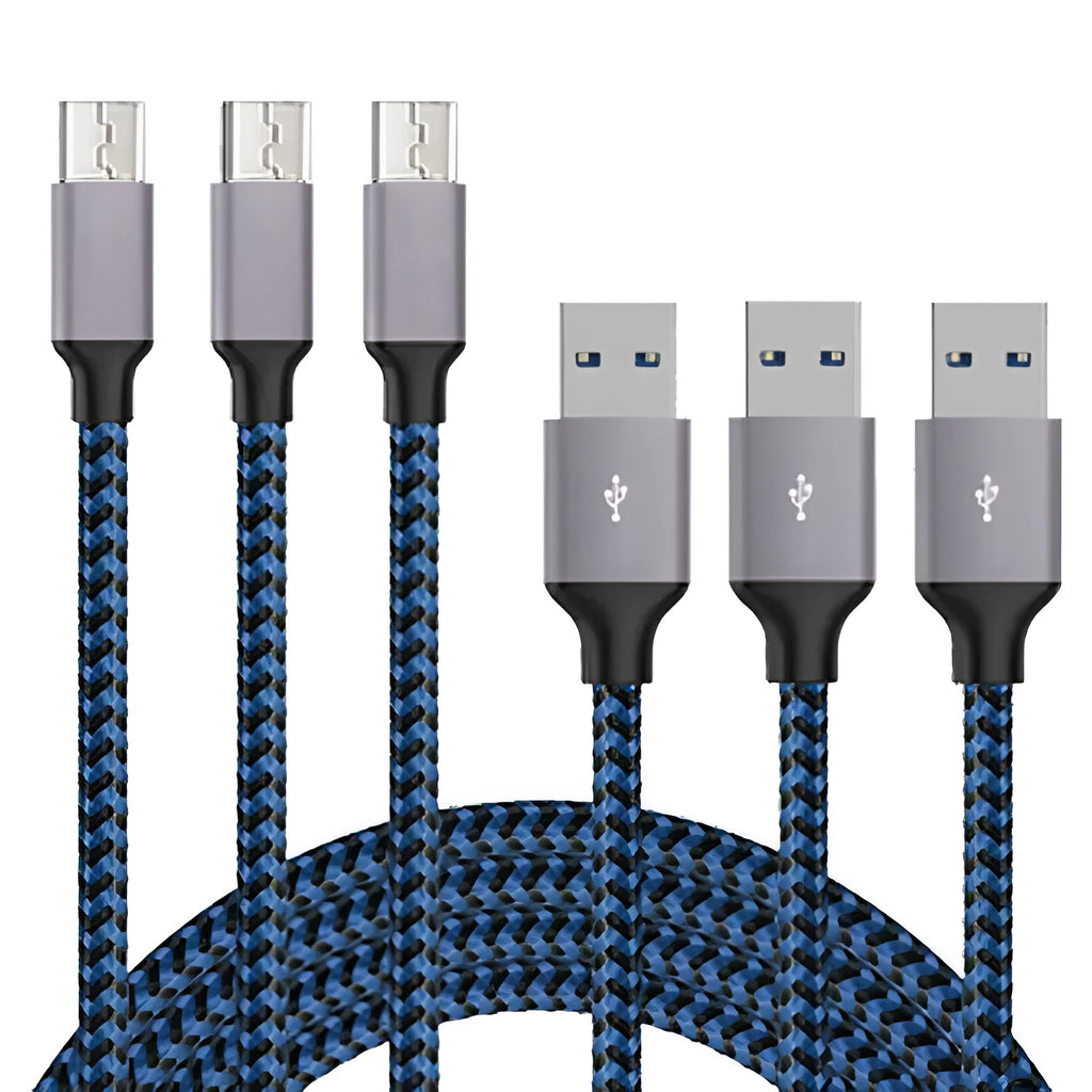 Braided nylon fast charging USB cable with Micro USB connector for Android phones in black and white.