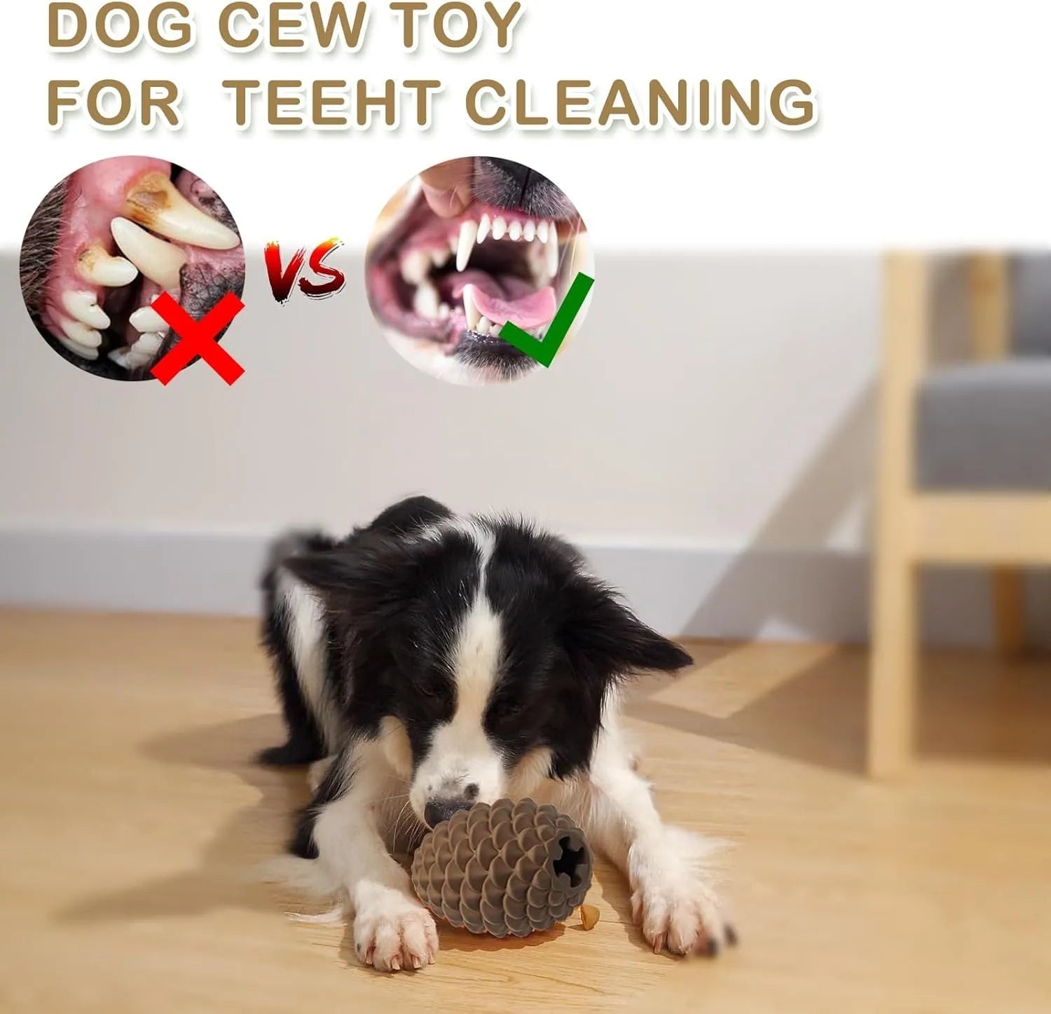 Yellow natural rubber pine cone-shaped dog chew toy with treat dispenser hole.