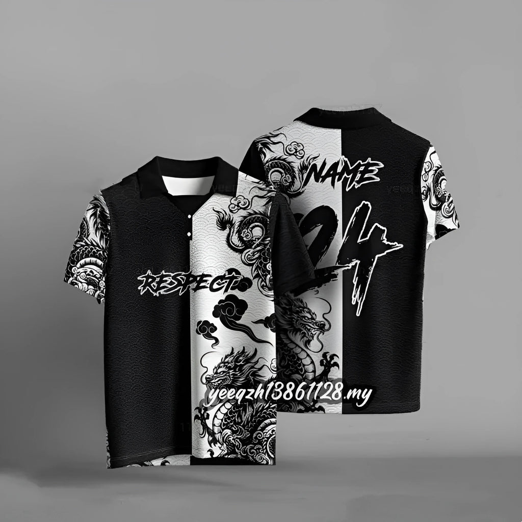Black loose-fit t-shirt with 3D digital printing design, short sleeves, polyester fabric