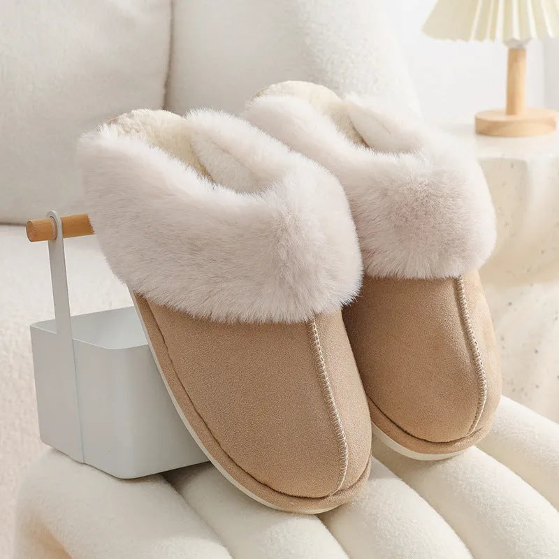 Brown women's plush indoor slippers with round toe, flat heel, and textured PVC anti-slip sole.