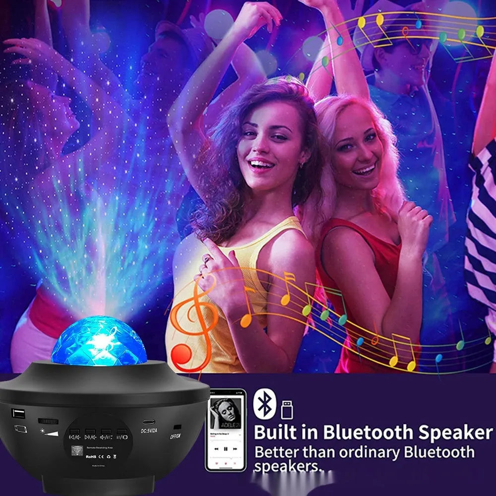 Black parallel style starry sky projection lamp with Bluetooth and rotating water ripple laser effects on a desktop.