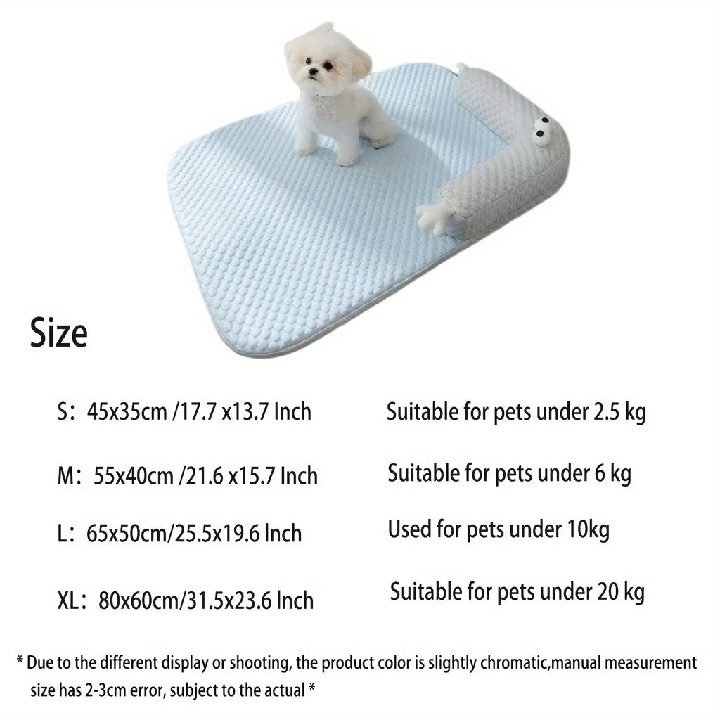 Blue polyester pet bed cushion with printed big-eyed monster face design, shown on a wooden floor.