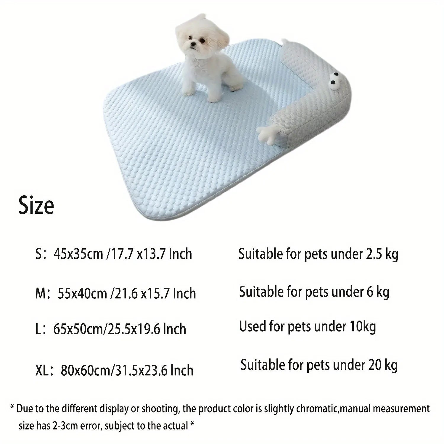 Blue polyester pet bed cushion with printed big-eyed monster face design, shown on a wooden floor.