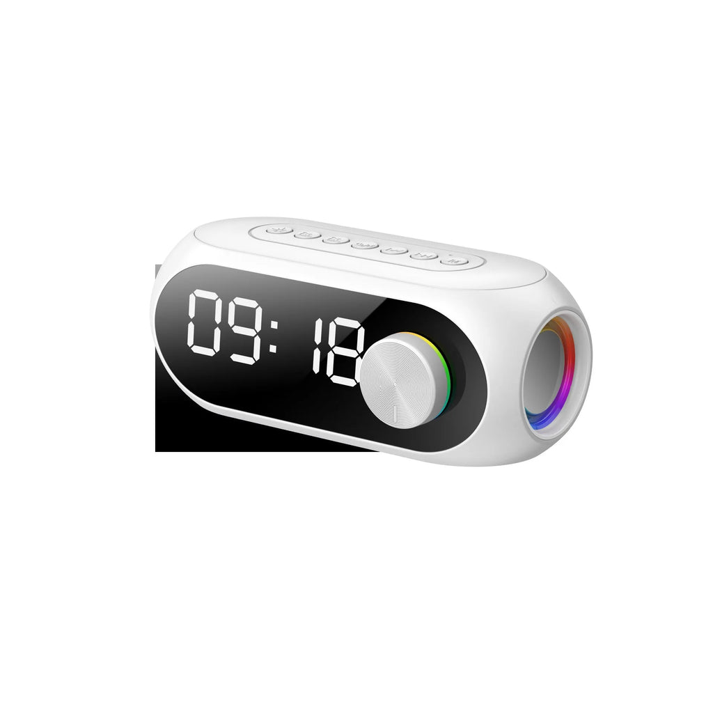 Portable mini speaker with extra bass features and digital clock display in black, blue, or white colour options
