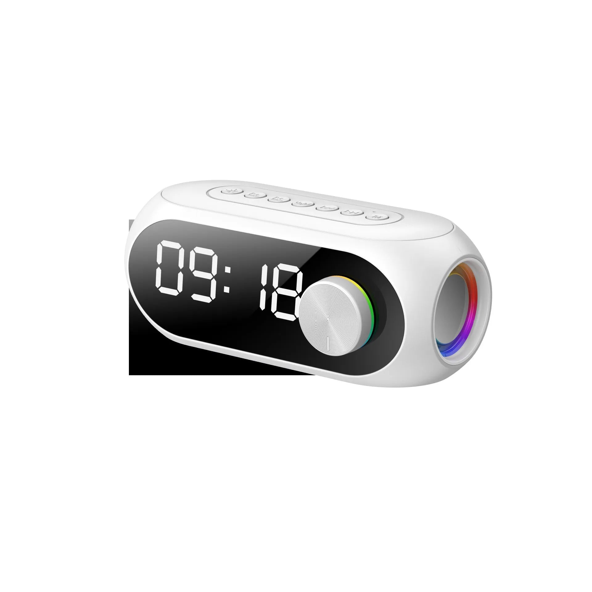 Portable mini speaker with extra bass features and digital clock display in black, blue, or white colour options