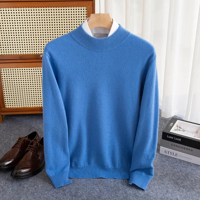 Men's loose fit half-collar wool sweater in a light business style, shown in a range of colours.