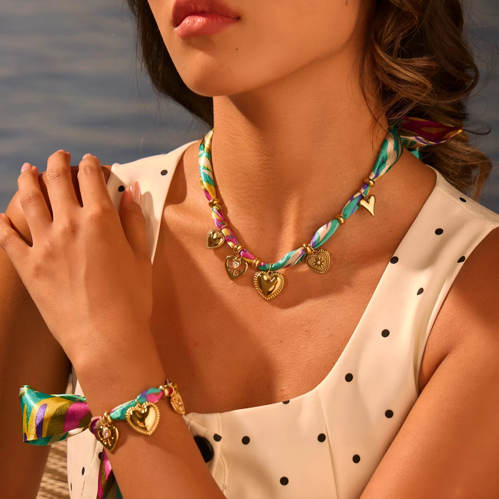 Women's stainless steel geometric pendant necklace and bracelet set with 18K gold plating
