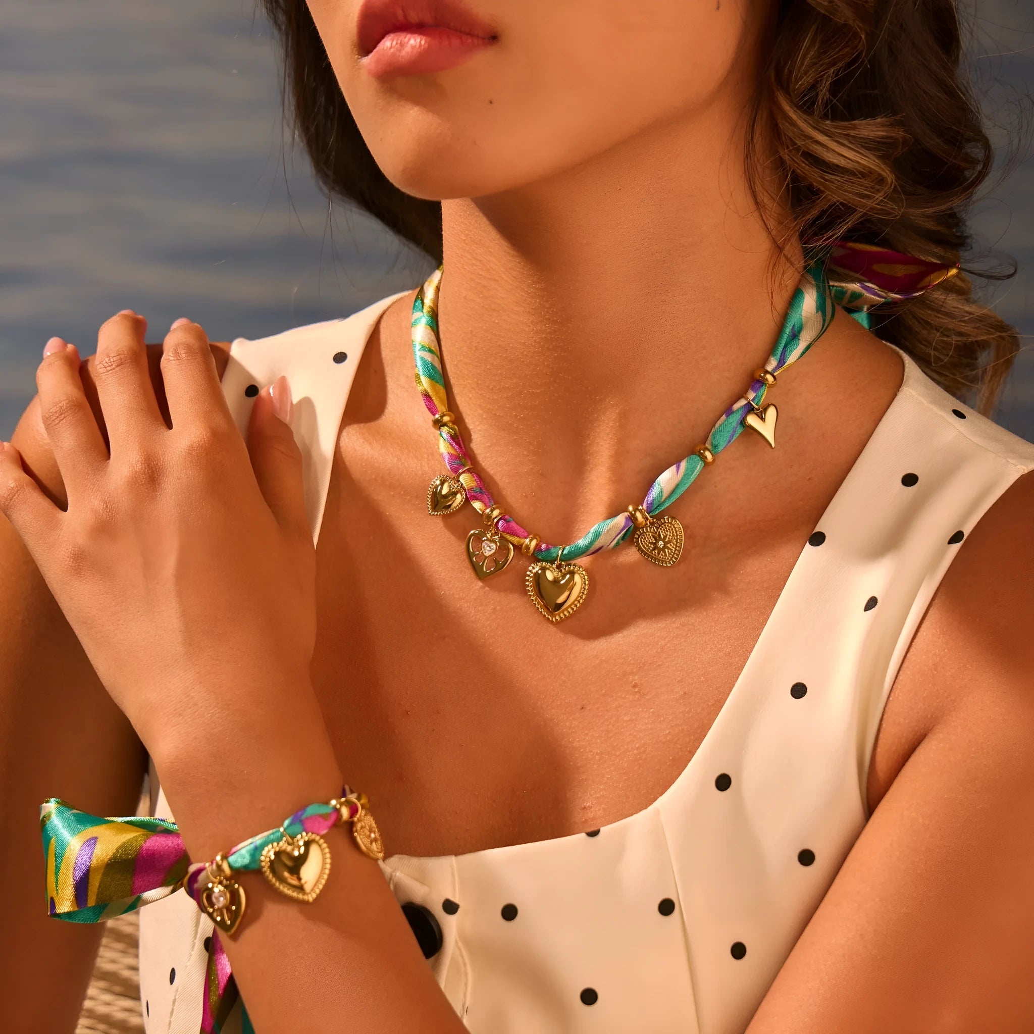 Women's stainless steel geometric pendant necklace and bracelet set with 18K gold plating
