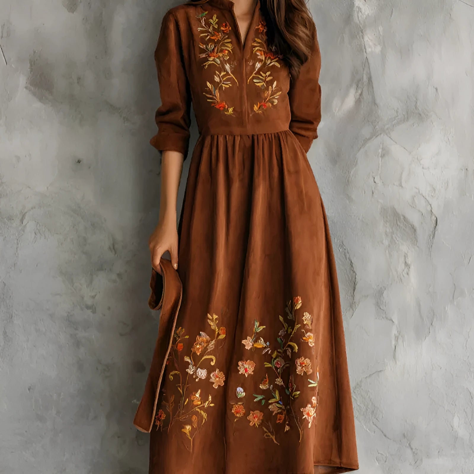 Brown vintage floral embroidered suede-look midi dress in polyester fabric