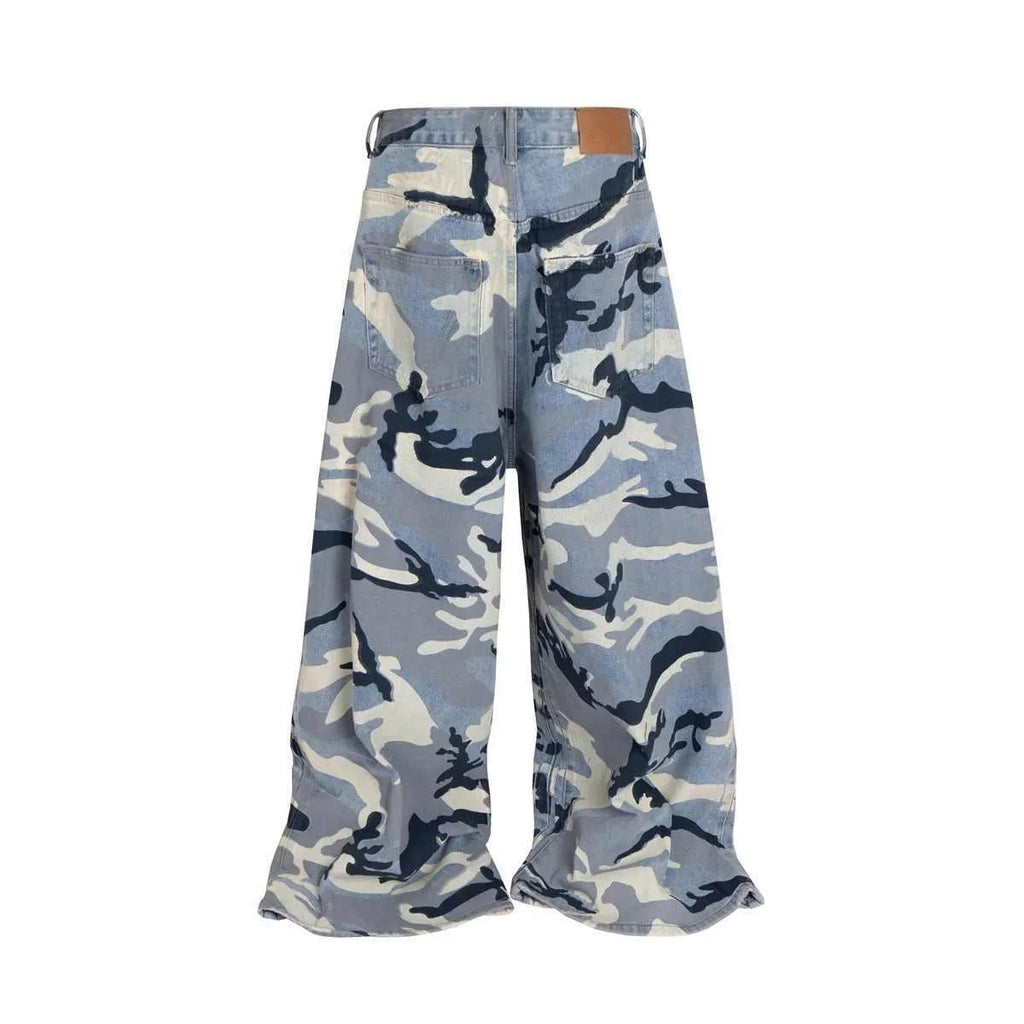 Snow camouflage blue loose fit jeans with mid waist design on hanger