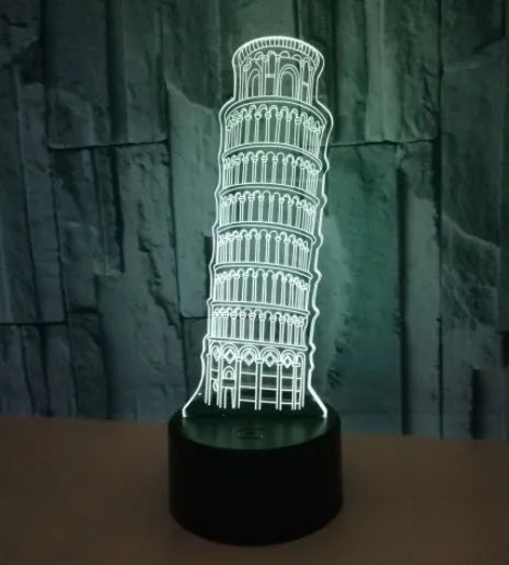 3D Leaning Tower of Pisa nightlight showing colour-changing acrylic design on black ABS base