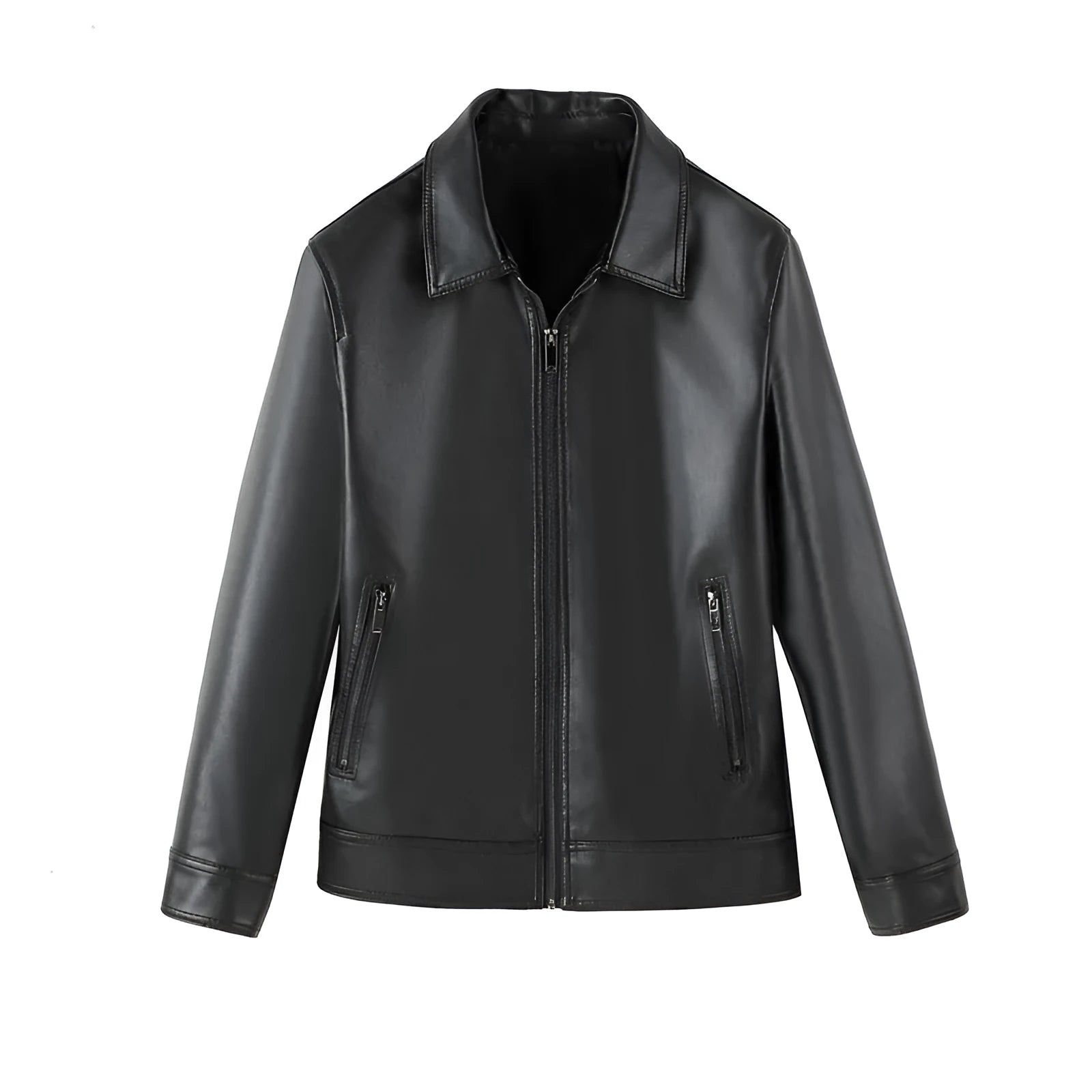 Men's black PU leather casual jacket showing front view with zipper pockets.