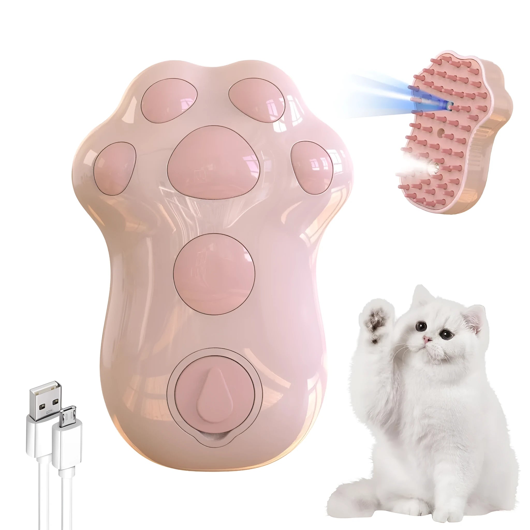Blue self-cleaning cat steam brush with silicone massage bristles and a release button.