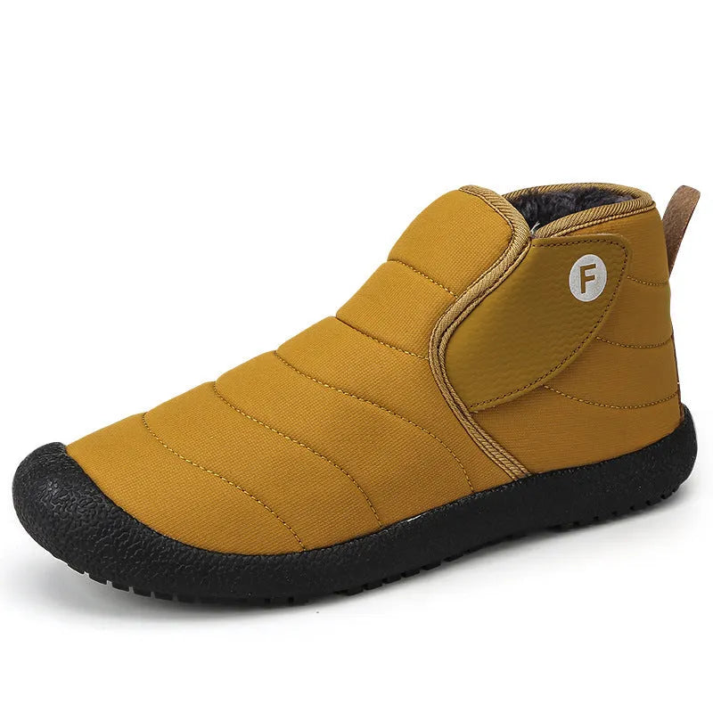 Men's waterproof snow boots in black with a cotton upper and thick rubber sole.