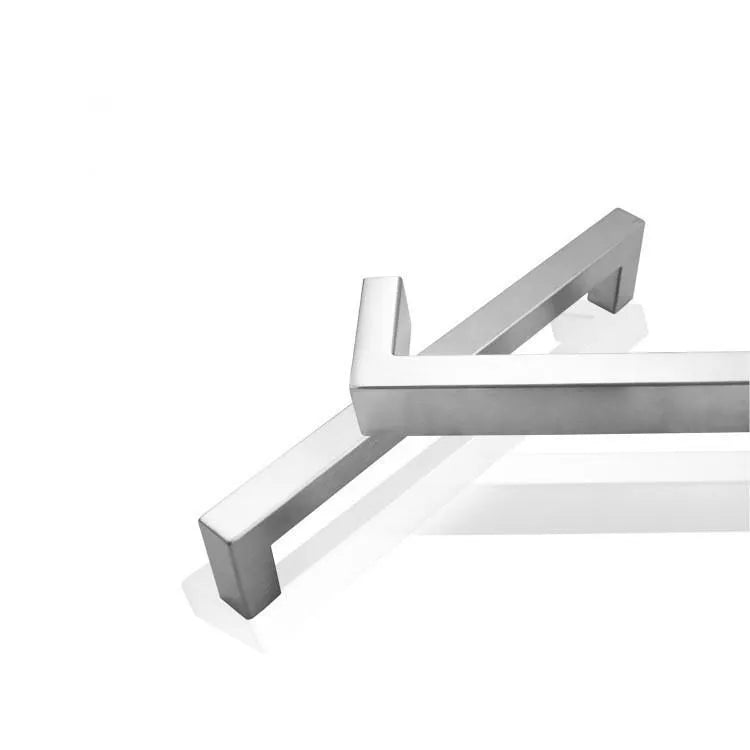 Stainless steel square pipe cabinet door handle in a brushed finish.