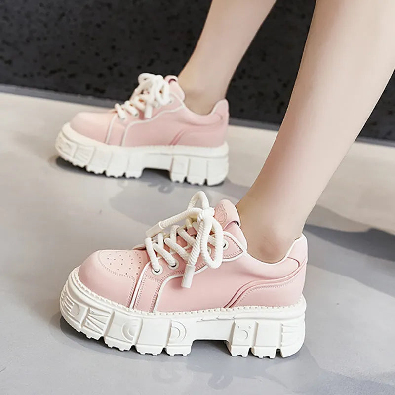 Women's casual leather shoes with thick rubber foam soles in beige or pink solid colours