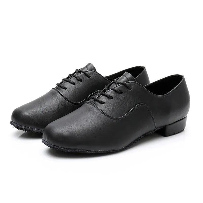 Men's black adult indoor dancing shoes with a calf leather sole for fitness and body shaping.