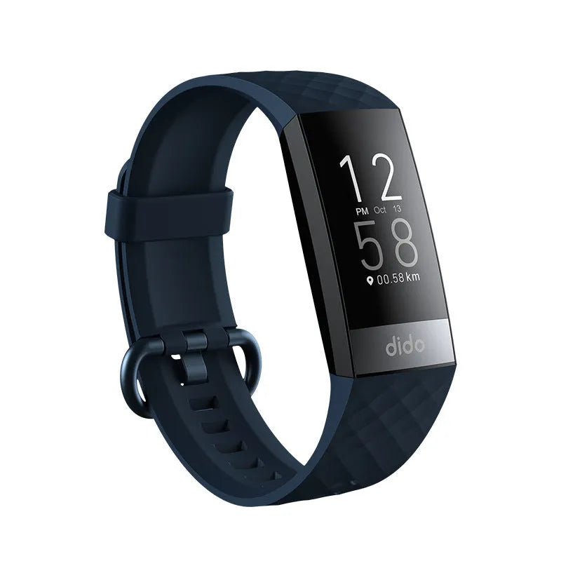 Black smart health bracelet with screen showing blood pressure and ECG readings on wrist.