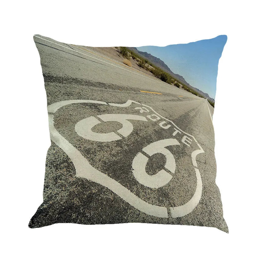 Square linen blend cushion cover with Route 66 landscape print, shown in one of six colour options.