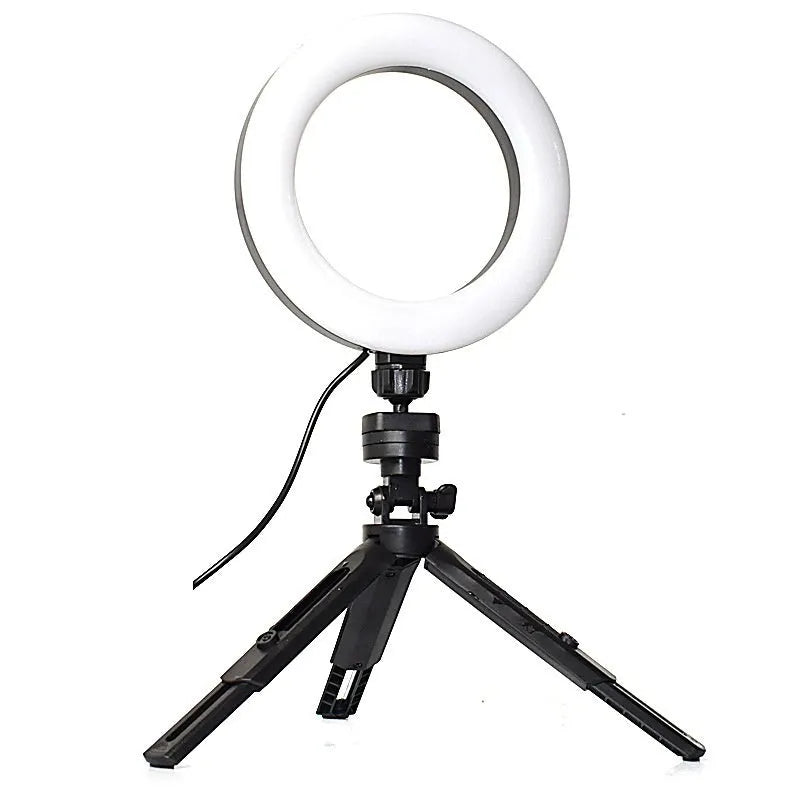 Black desktop tripod with adjustable fill light and universal mobile phone bracket for video recording