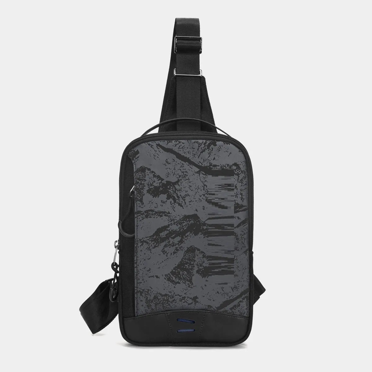 Casual black TPU camouflage pattern chest bag with single shoulder strap and soft handle.