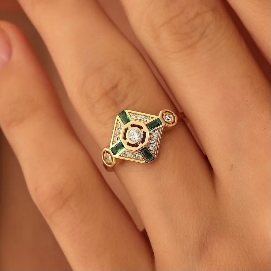 Emerald green square diamond ring with geometric design and electroplated finish