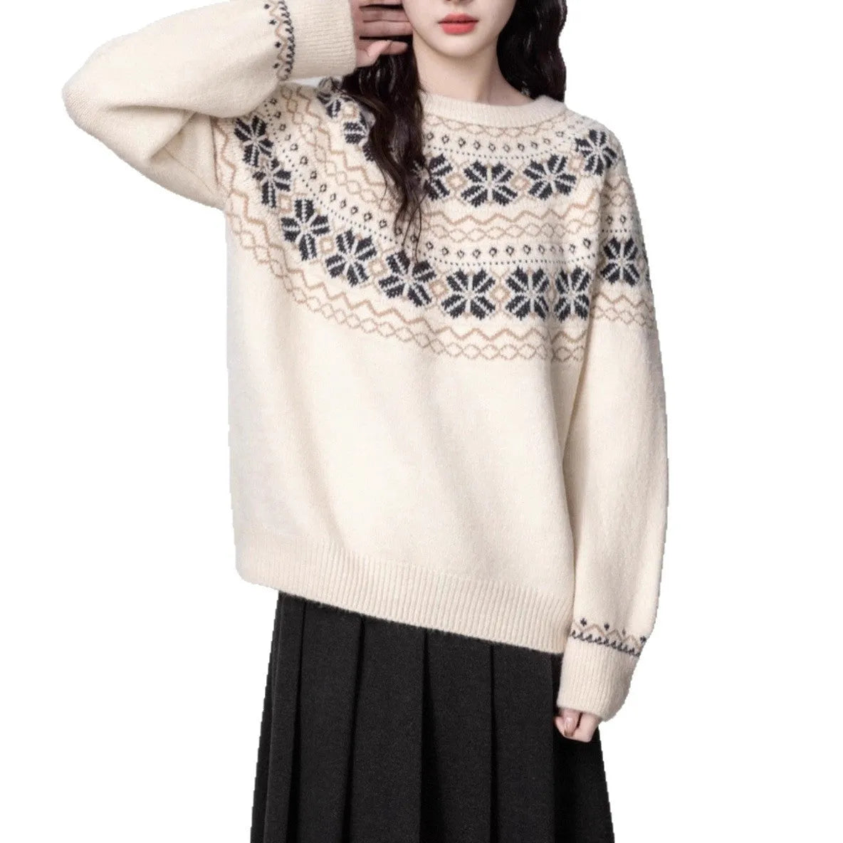Women's milky white fair isle pullover sweater with geometric pattern, loose fit, and crew neck.