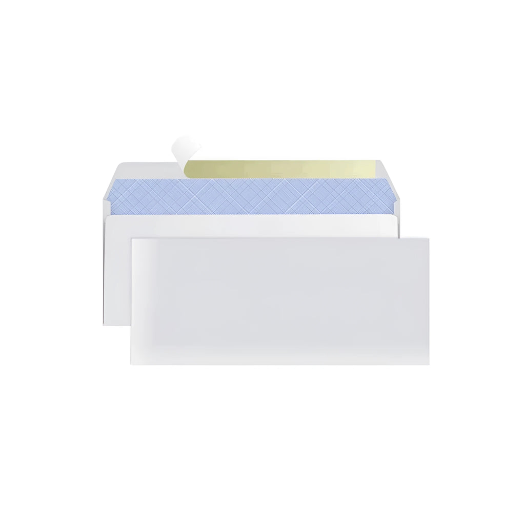 Blue anti-opening confidential envelope showing self-adhesive flap and 105mm by 240mm dimensions