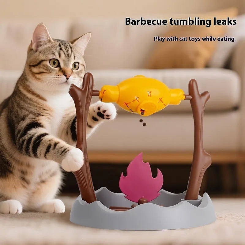 Barbecue-style tumbling cat treat feeder with dimensions 30x30x29cm