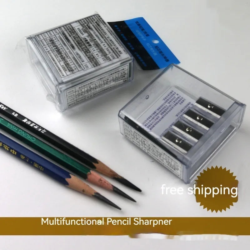 Geometric shaped four hole pencil sharpener for art, shown with integrated screwdriver.