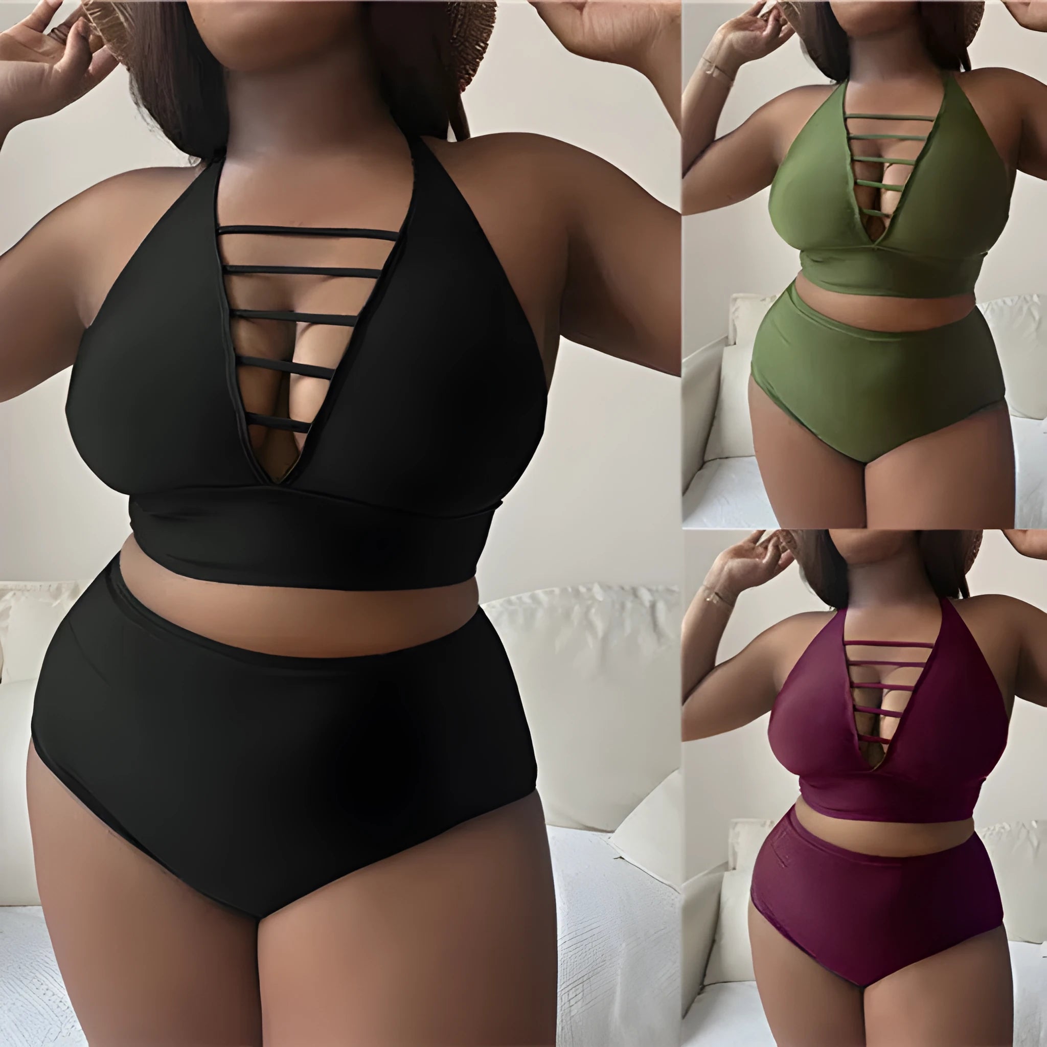 Plus size woman in a solid green halter bikini with adjustable straps and high waist briefs.