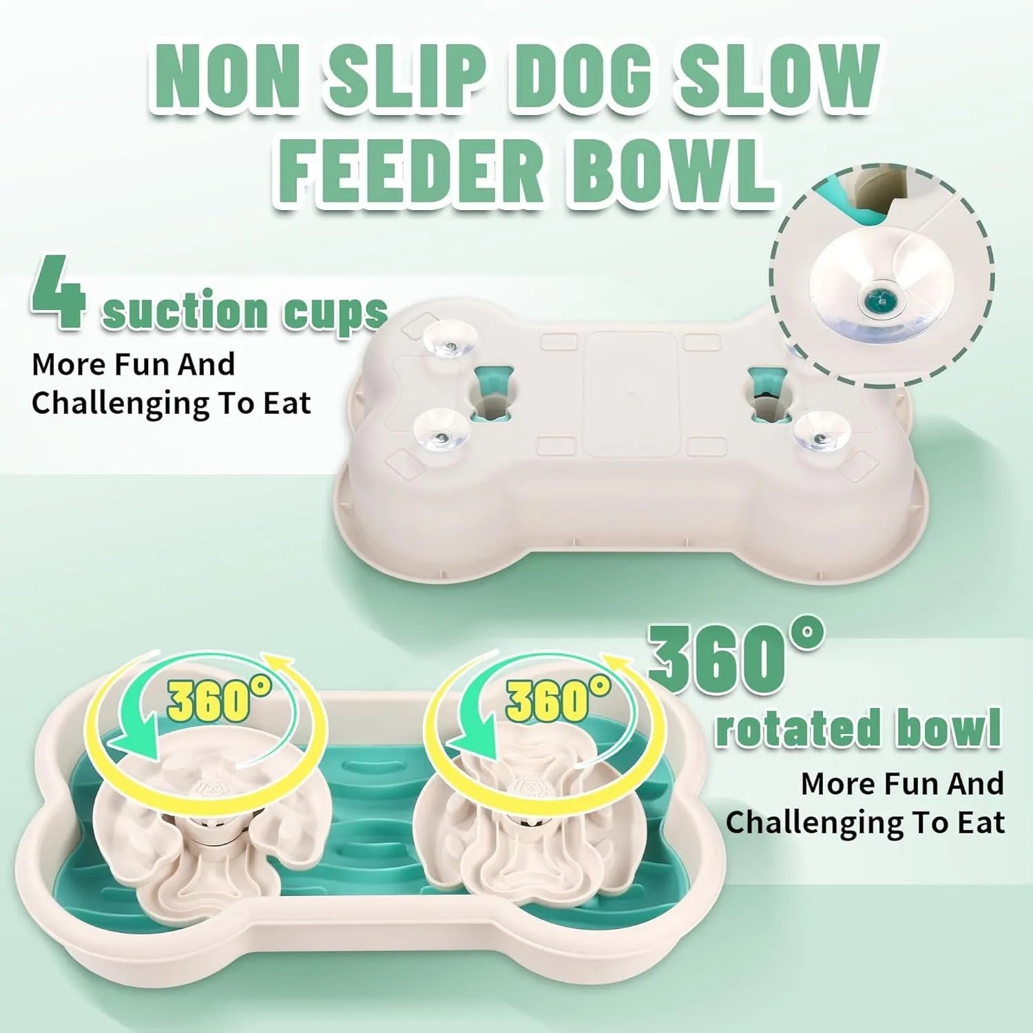 Large green dog slow feeder bowl with three puzzle trays and anti-slip suction cups