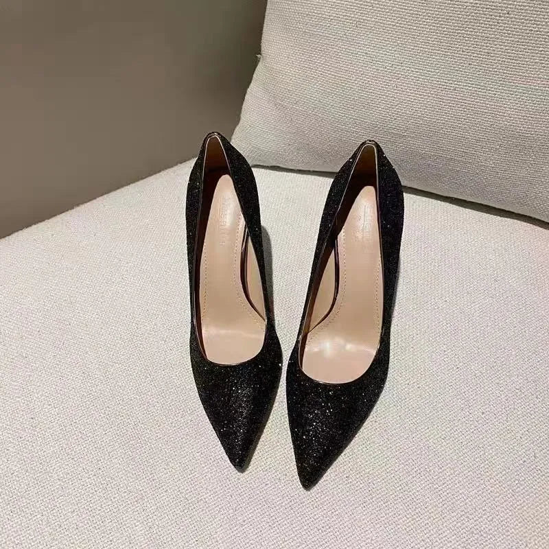 Women's wedding shoes with crystal decoration in silver or black with stiletto heels