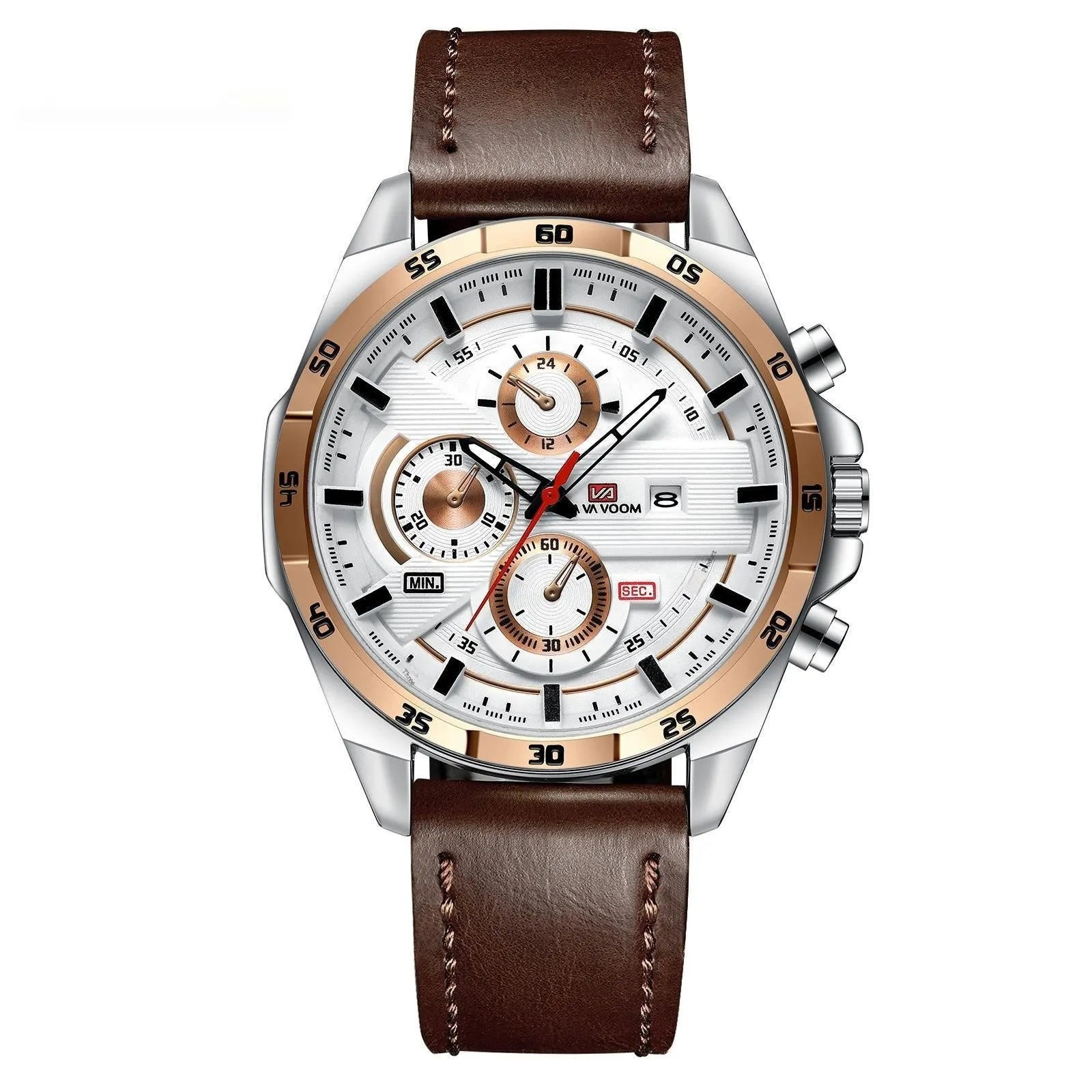 Men's waterproof quartz watch with calendar function in black and rose gold combination