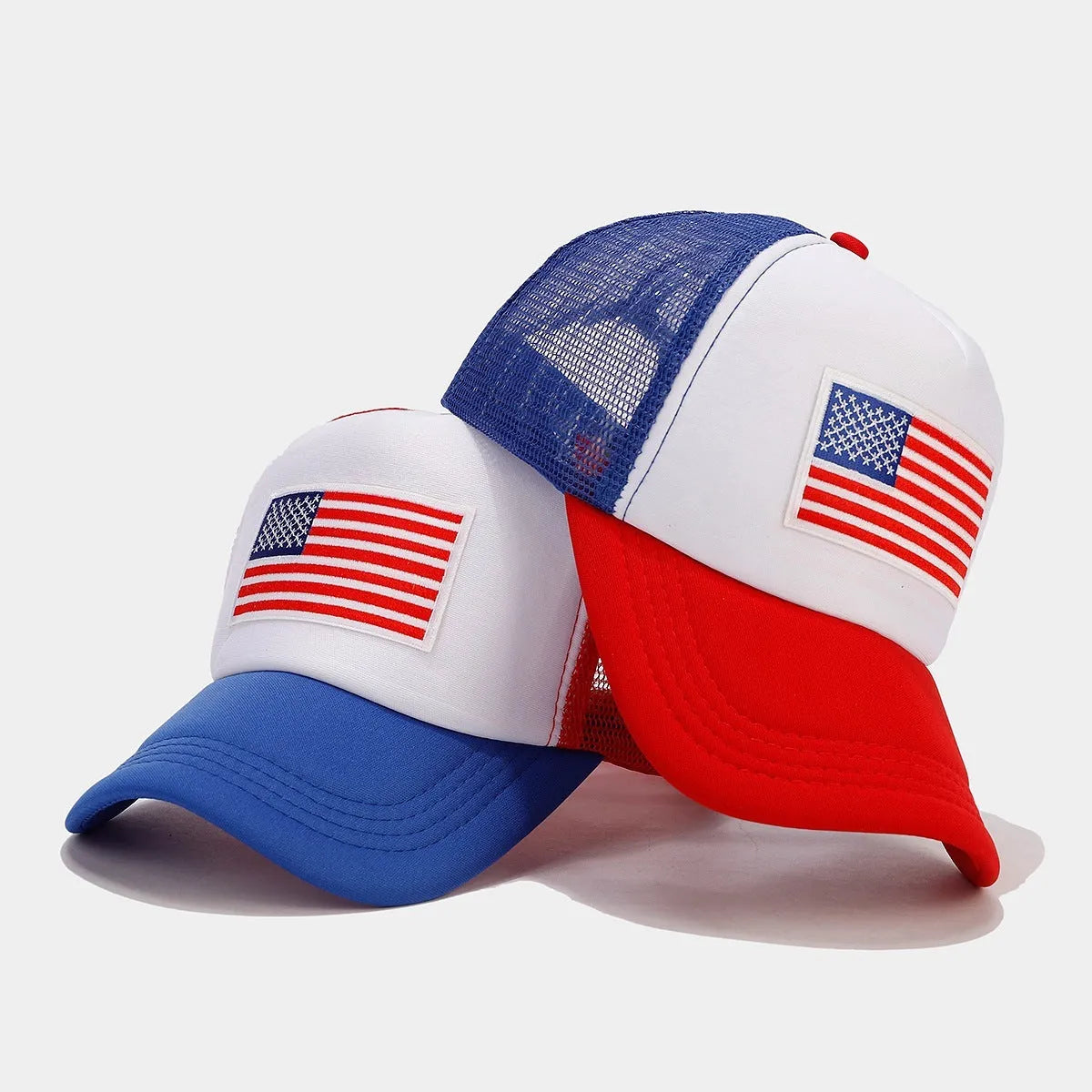 Red and blue contrast mesh baseball cap with an adjustable strap and dome crown.
