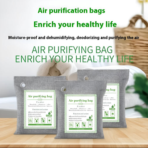 Sewn fabric bag filled with black bamboo charcoal granules for air purification.