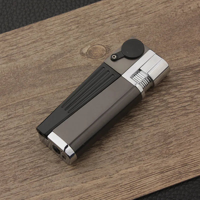 Folding metal pipe lighter showing open position with stash compartment visible