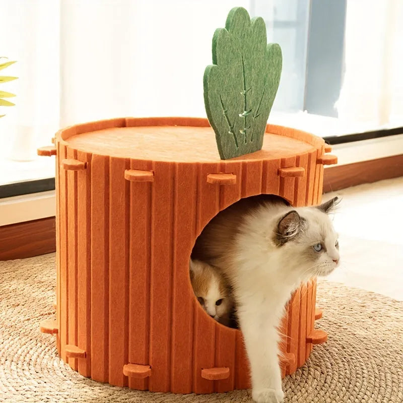Orange carrot-shaped felt cat nest tunnel bed for cats, shown in semi-enclosed design.