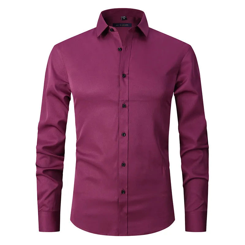Men's long sleeve stretch work shirt in polyester fabric on a hanger.