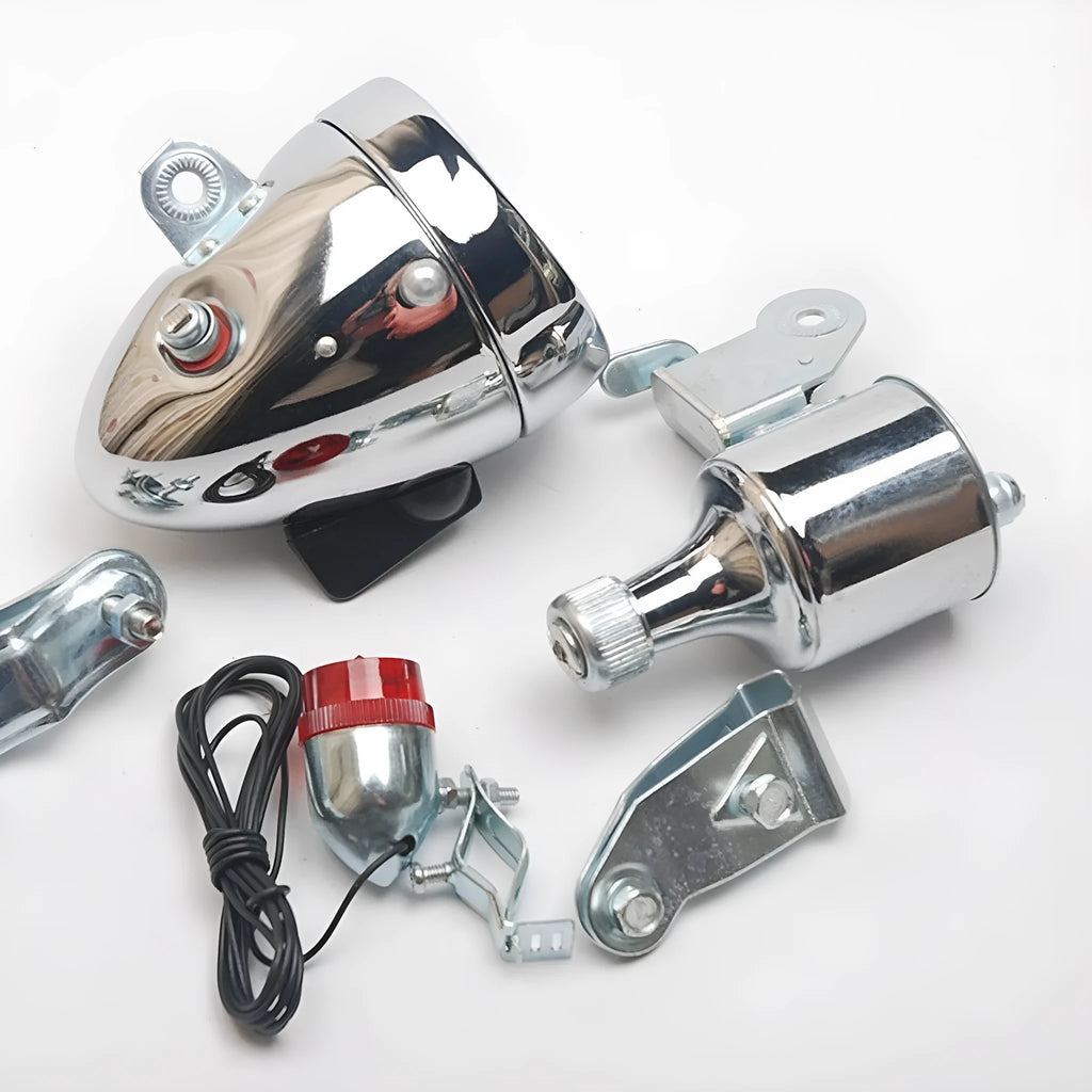 Silver bicycle dynamo generator light for front fork or rear frame mounting with friction drive mechanism