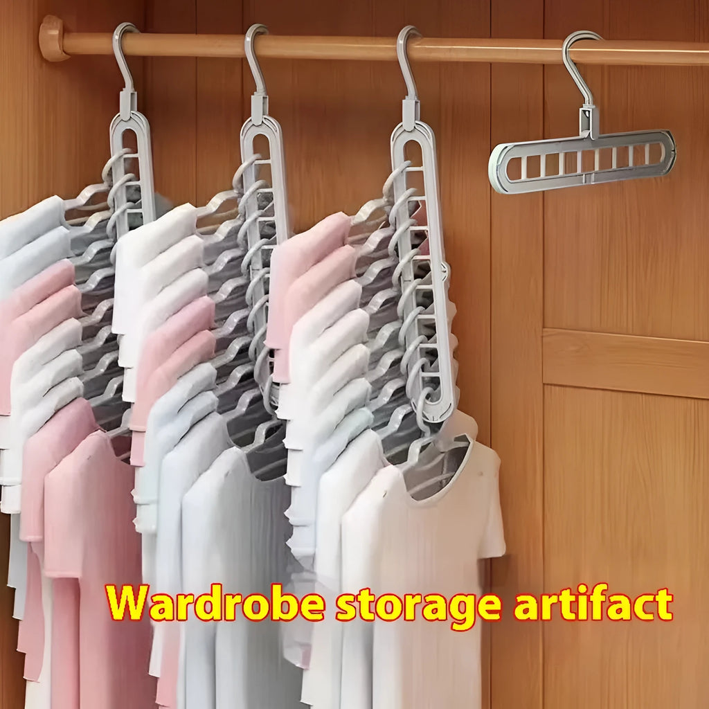 A green plastic multifunctional hanger with nine holes for trousers, shown in a folded and unfolded position.