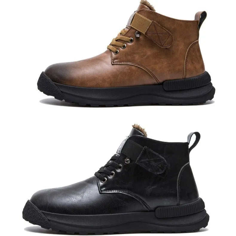 Black and brown high-top platform Martin boots for men with artificial PU uppers and visible stitching detail