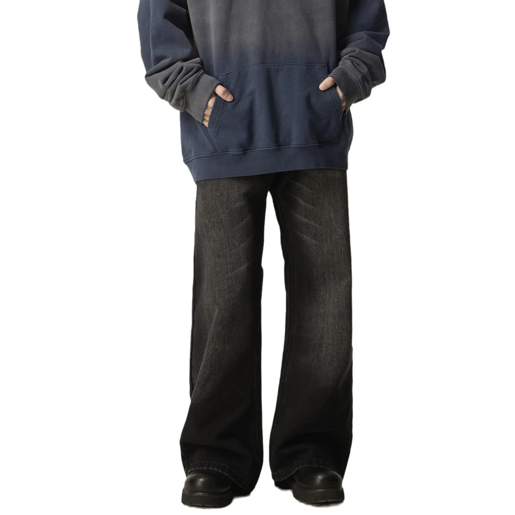 Black American retro straight-leg jeans with loose fit and zipper fly closure