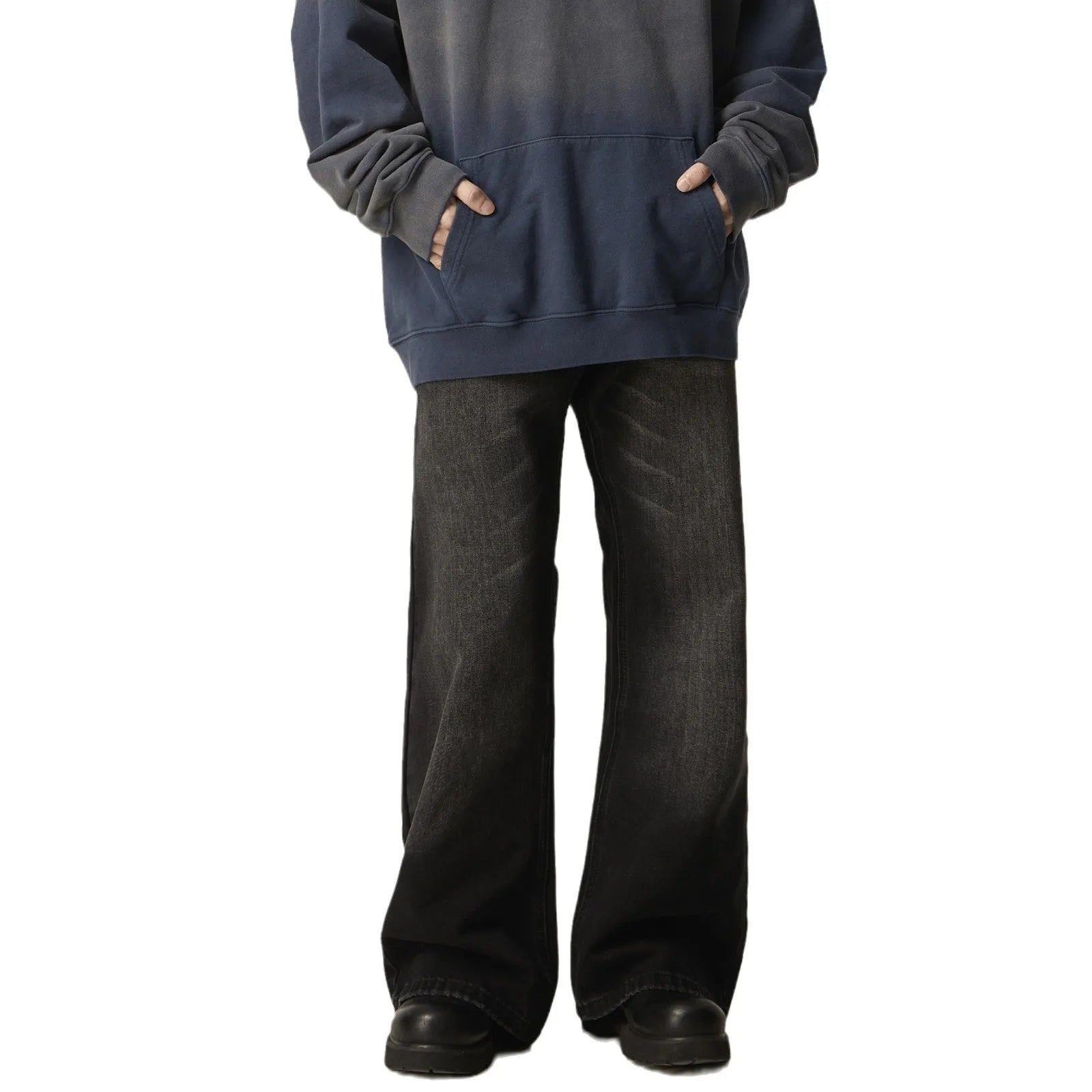 Black American retro straight-leg jeans with loose fit and zipper fly closure
